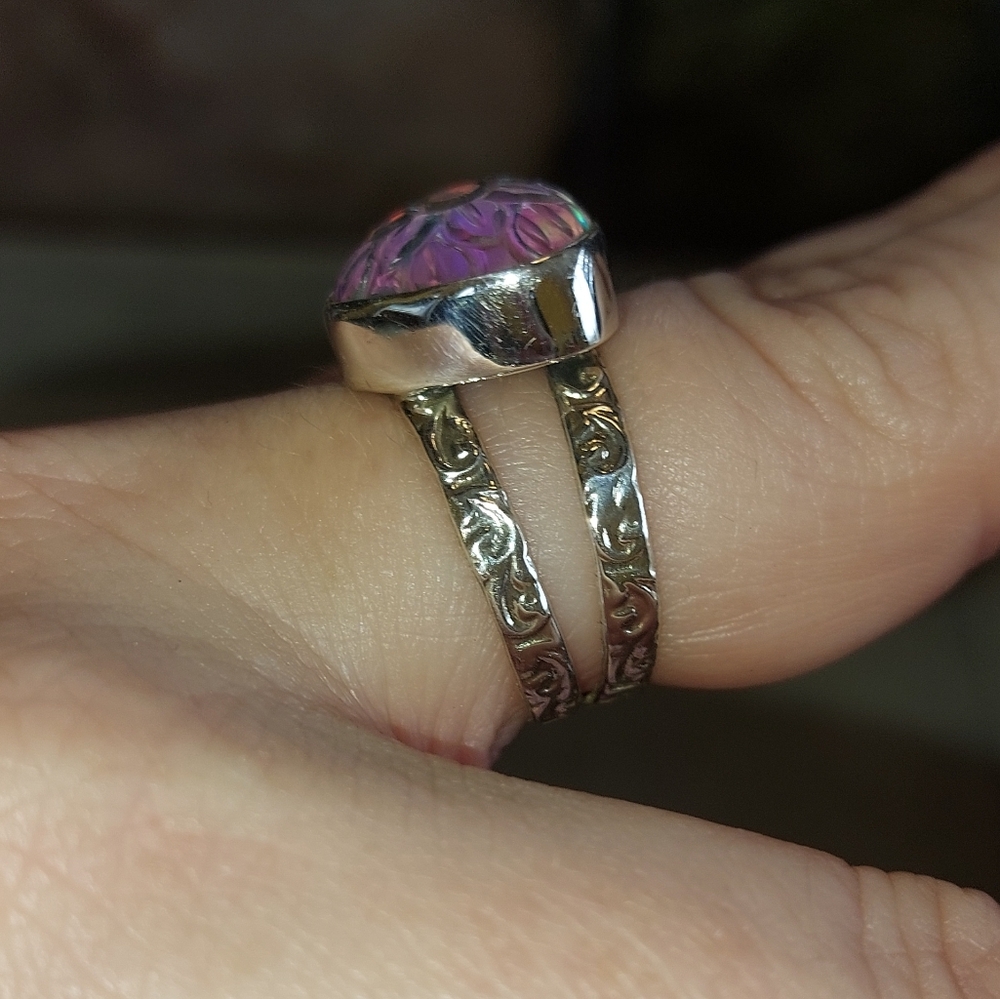 Aurora Opal Carved Heart Shaped Ring Sterling Silver - Picture 5 of 8